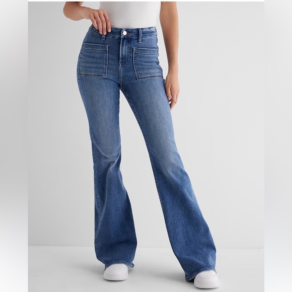 Mid Rise Medium Wash Patch Pocket FlexX '70s Flare Jeans express women’s new - Picture 1 of 5